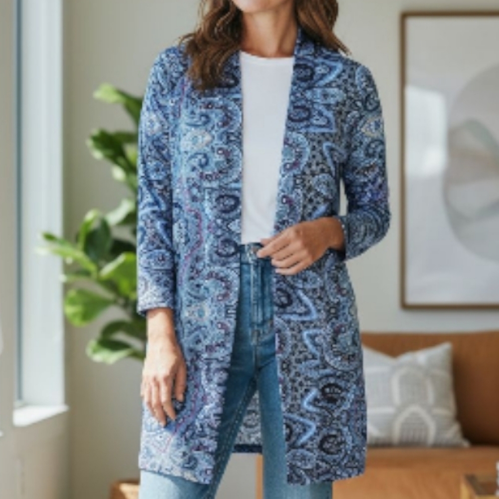 COLDWATER CREEK | Longline Slinky Blue‎ Paisley Non-Wrinkle Travel Cardigan | XL